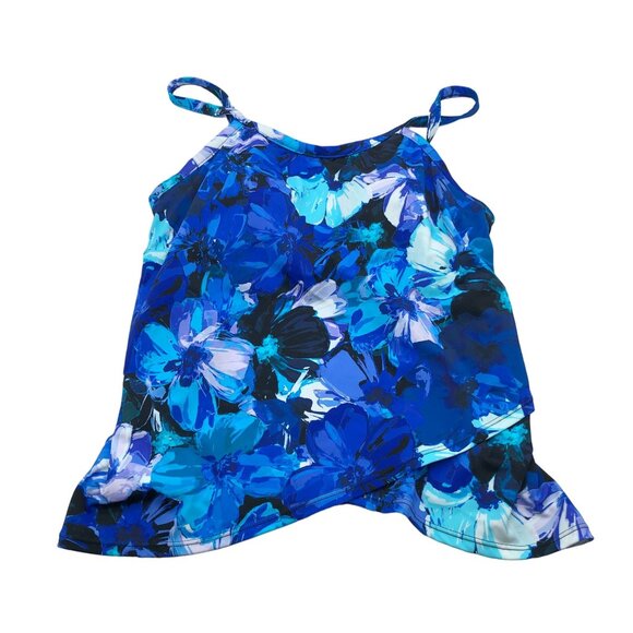 Swim Solutions Womens Floral High Neck Tankini Swim Top Blue Black Size 8 - Picture 3 of 6